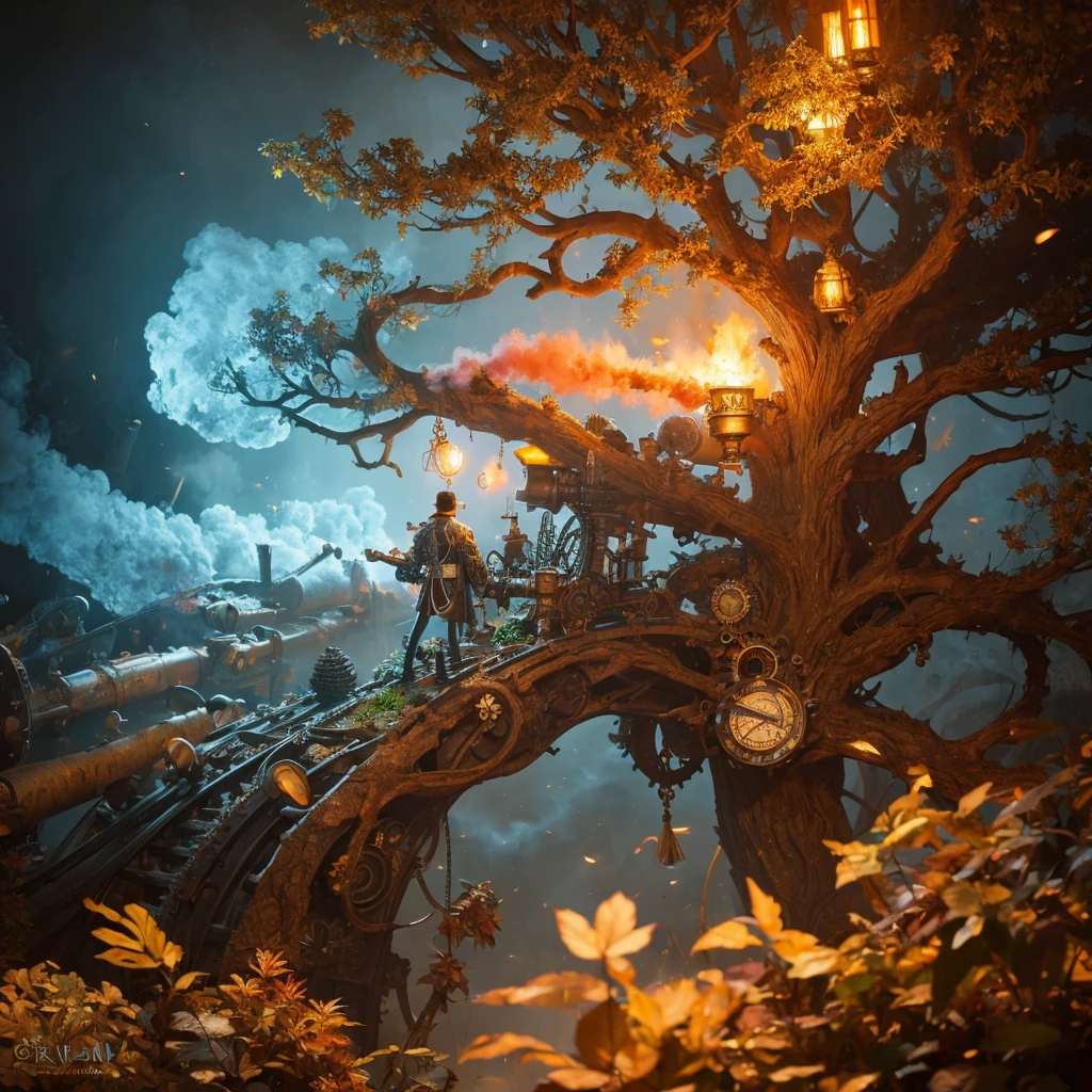 Dream-like Art Live Tree, Colorful smoke, Insane Details, steampunk detail, Intricate details, Ultra-detailed,