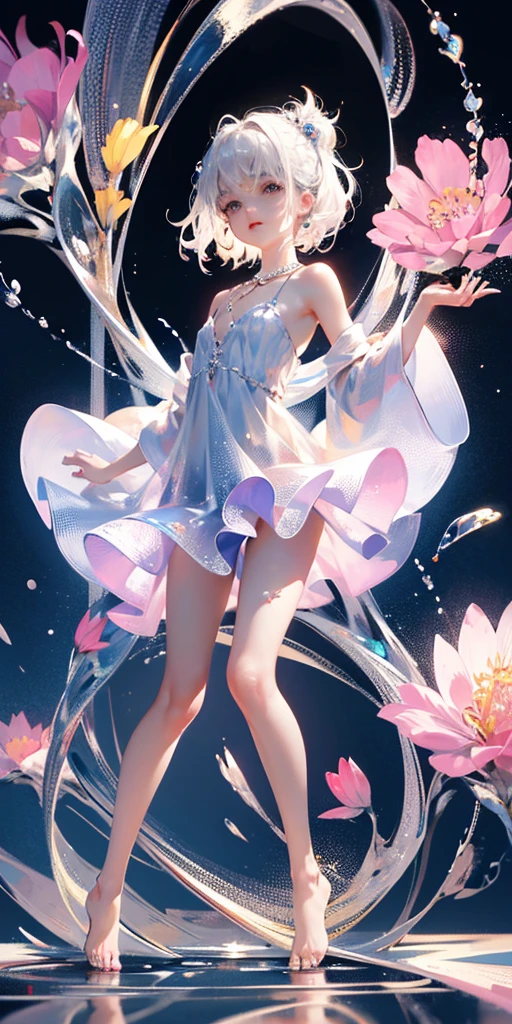 A girl、symmetry，Daughter，whole body 女恋，Put your hands together and bloom，（Very detailed:1.1），((small :1.2))、The eyes are well drawn、Charming eyes、Double tail、Wear jewelry and pearls around your neck，Transparent openwork、Deep V、Crystal Pearls、在Wear jewelry and pearls around your neck，white hair, show your thighs, Bare shoulders, Show clavicle, Yao Liu, barefoot，((whole body))、painful posture