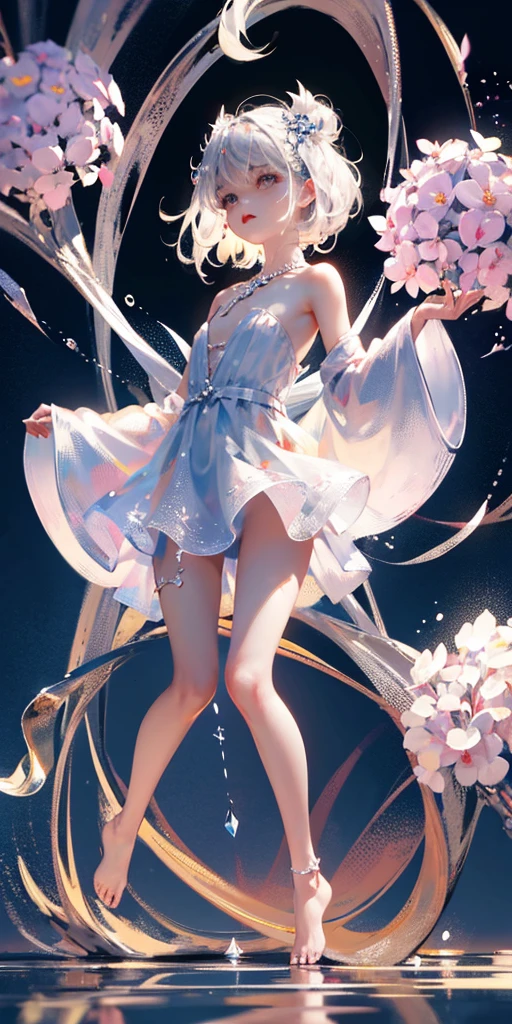 A girl、symmetry，Daughter，whole body 女恋，Put your hands together and bloom，（Very detailed:1.1），((small :1.2))、The eyes are well drawn、Charming eyes、Double tail、Wear jewelry and pearls around your neck，Transparent openwork、Deep V、Crystal Pearls、在Wear jewelry and pearls around your neck，white hair, show your thighs, Bare shoulders, Show clavicle, Yao Liu, barefoot，((whole body))、painful posture