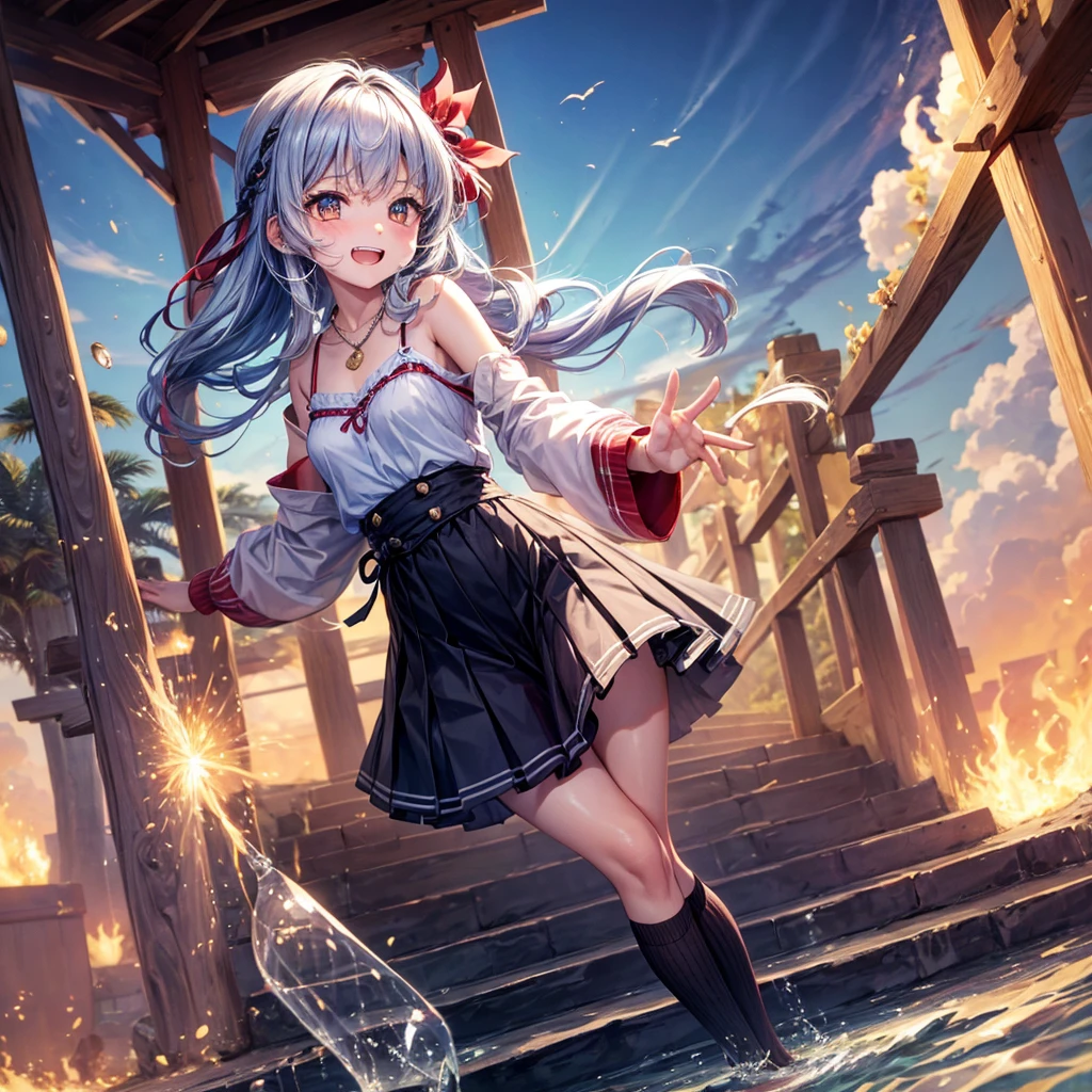 Red Blue Gold Hair、Golden Eyes、Braid、One good looking girl、solo、anime、Checkered mini skirt、Ruffles on the skirt、camisole、cardigan、Black knee-high socks、Wearing a baseball cap、Wearing a ribbon、Ribbon on waist、Tilting face、Teeth are visible、Sunset sky、Piercing the clouds、Contrail、Cumulonimbus、Pillar of Light、Silver coin necklace、A world of light、shine、From above、bell、torii、Desert Oasis、water is gushing out、Sparks are flying、Steps、High five