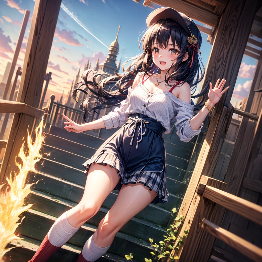 Red Blue Gold Hair、Golden Eyes、Braid、One good looking girl、solo、anime、Checkered mini skirt、Ruffles on the skirt、camisole、cardigan、Black knee-high socks、Wearing a baseball cap、Wearing a ribbon、Ribbon on waist、Tilting face、Teeth are visible、Sunset sky、Piercing the clouds、Contrail、Cumulonimbus、Pillar of Light、Silver coin necklace、A world of light、shine、From above、bell、torii、Desert Oasis、water is gushing out、Sparks are flying、Steps、High five