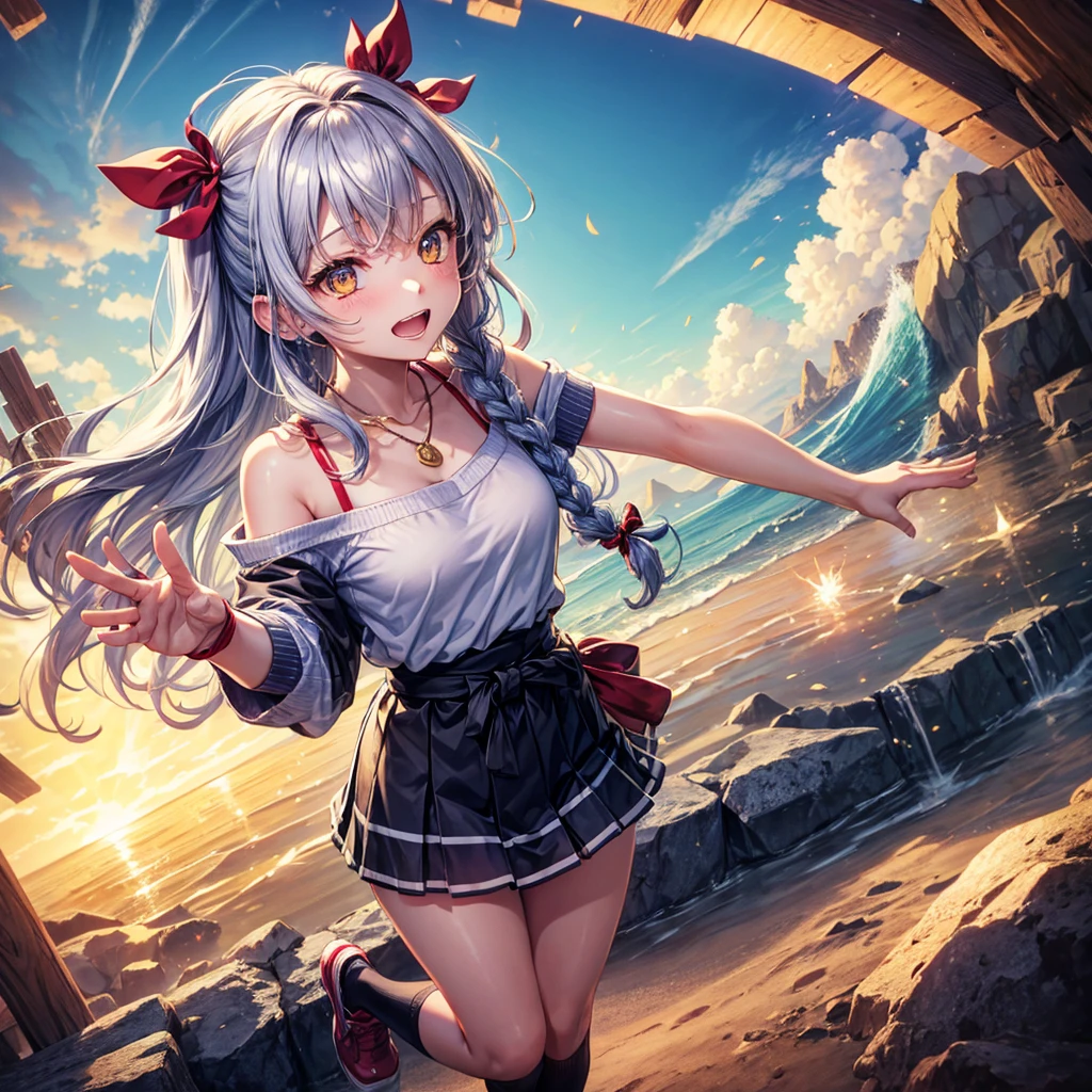 Red Blue Gold Hair、Golden Eyes、Braid、One good looking girl、solo、anime、Checkered mini skirt、Ruffles on the skirt、camisole、cardigan、Black knee-high socks、Wearing a baseball cap、Wearing a ribbon、Ribbon on waist、Tilting face、Teeth are visible、Sunset sky、Piercing the clouds、Contrail、Cumulonimbus、Pillar of Light、Silver coin necklace、A world of light、shine、From above、bell、torii、Desert Oasis、water is gushing out、Sparks are flying、Steps、High five