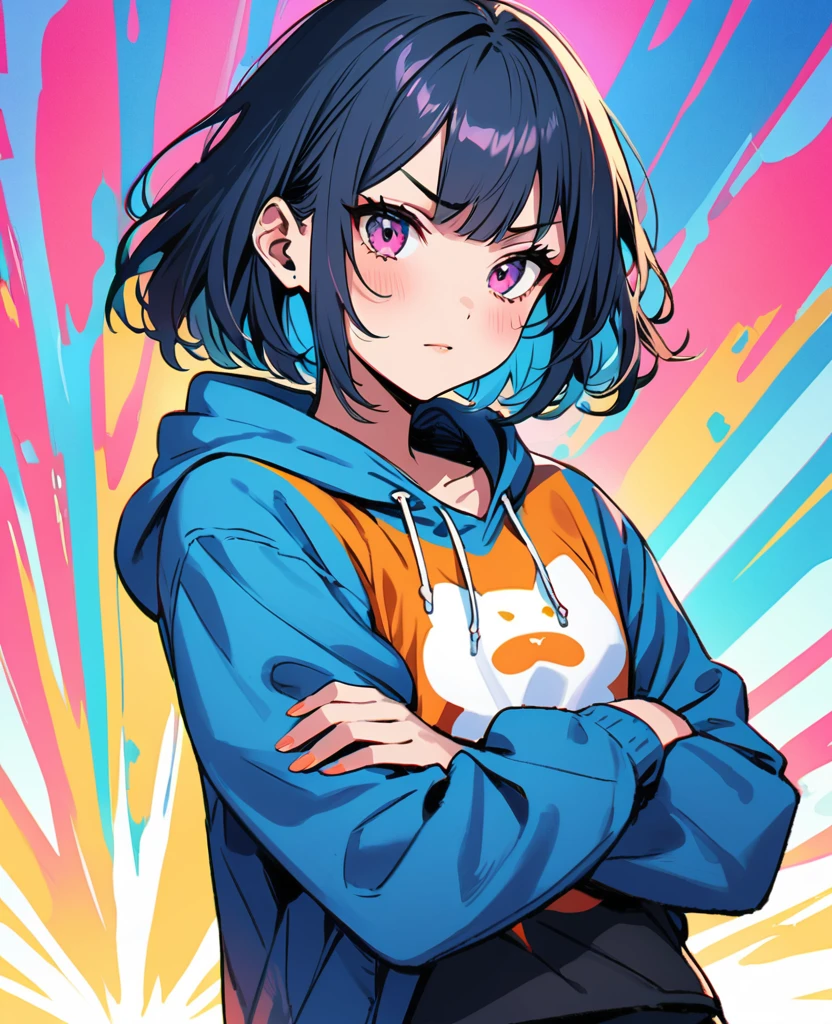 popart style,(best quality, masterpiece, ultra high-resolution, ultra-detailed: 1.2), one girl,(stand with open stance:1.1), (crossed arms:1),
,paw pattern hoodie,Confident,Euphoria,BREAK,(MIA:16yo,detailed face,(darkblue hair-color,wavy-short hair),parallel eyebrows),she love hiphop,