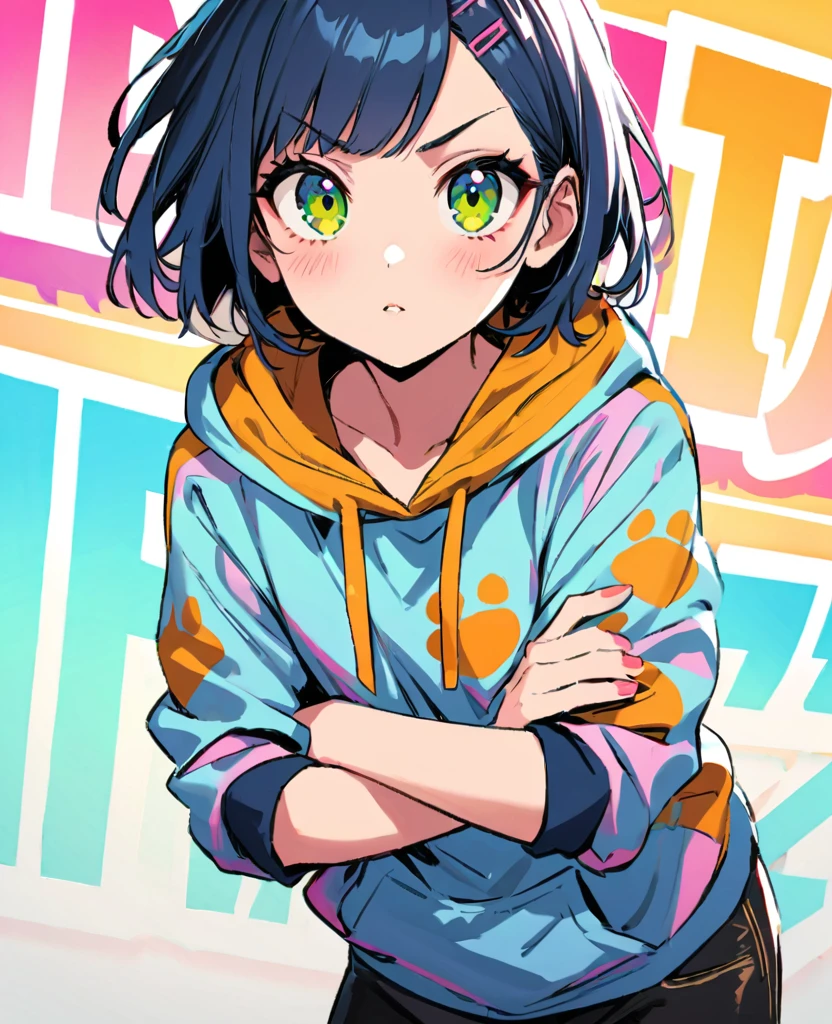 popart style,(best quality, masterpiece, ultra high-resolution, ultra-detailed: 1.2), one girl,(stand with open stance:1.1), (crossed arms:1),
,paw pattern hoodie,Confident,Euphoria,BREAK,(MIA:yo,detailed face,(darkblue hair-color,wavy-short hair),parallel eyebrows),she love hiphop,