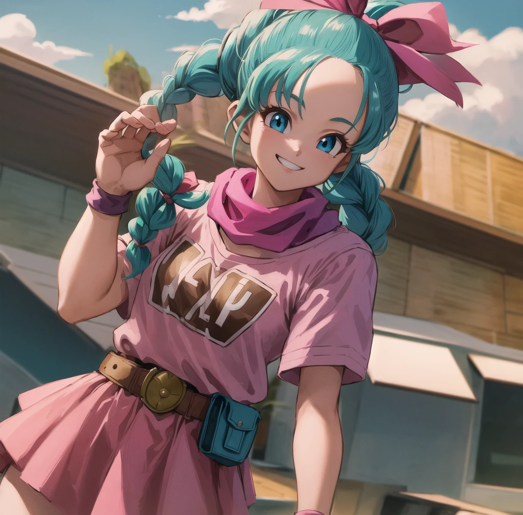 masterpiece, Highest quality, High resolution, Dragon Ball, Bull Pony, Aqua Hair, Hair Ribbon, Braided Ponytail, Pink Shirt, belt, scarf, Pink Skirt, Clothes writing, Brown gloves, Medium chest, Outdoor, Cowboy Shot, wave hands, smile