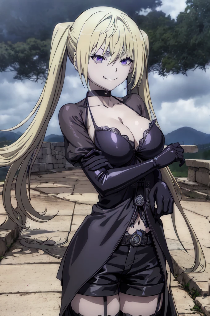 (masterpiece, best quality), 1girl, lieselotte sherlock,high quality, extremely detailed, ,(dark and stormy skies, lightning)(masterpiece:1.0),(Highest_quality:1.0), 超High resolution,4k,Super detailed, 8K, HDR, High resolution, disorganized:1.2, twintail,,looking at viewer,latex,elbow gloves,,, ,official art,short pants,(beautiful_face:1.5),(narrow_waist),,Highly detailed CG Unity 8K wallpaper, perfect lighting,laugh at,too evil smile,too evil smirk,looking down at viewer,upper body,smile bad,deep shaded face,too evil fall,