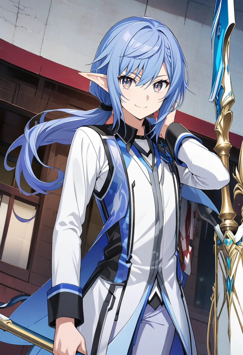 Keqing \(AKB0048 Next Stage\), (blue hair), (silver eyes):1.2, (male Undine), (spearman), (plain shirt), (pants), (long coat), (smiling sharply), (fin ears), ((ultra-detailed)), ((illustration)), ((neat hair)), ((low ponytail)), (beautiful detailed eyes), (male), (1man), (holding a spear), ((underwear)), looking at viewer