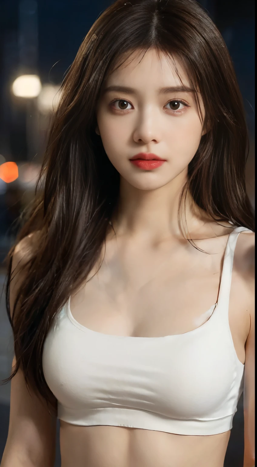 ((realistic lighting, best quality, 8K, masterpiece: 1.3)), clear focus: 1.2, 1 woman, perfect look: 1.4, slim abs: 1.1, ((dark brown hair)), (white crop top: 1.4), (outdoor, night: 1.1), city street, super fine face, good eyes, double eyelid,