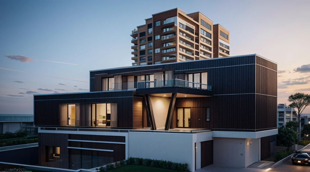 exterior of highrise apartment building, contemporary style, balconies, plants and flowers on balconies, vivid colour, beautiful landscape, stone pavement,cars, realistic, RAW photo, 8k uhd, dslr, soft lighting, high quality, film grain, Fujifilm XT3,masterpiece,