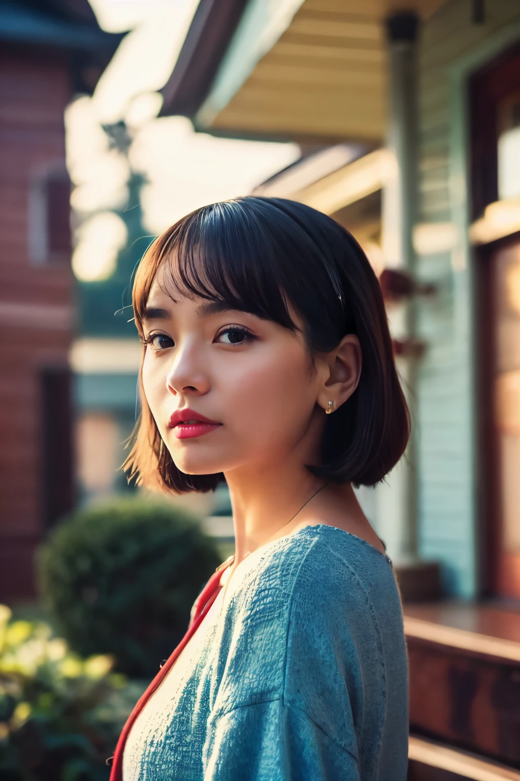 ((Best quality, 8K, Masterpiece :1.3)), 1woman, very beautiful Asian woman with a brunette bob hairstyle: 1.4, umbrella: 1.2, gloves: 1.2, hat: 1.2, (magic umbrella by the handle above her head: 1.1), (looking at the camera with a head slightly lowered: 1.5), Like Mary Poppins, a slightly magical image: 1.6, (On the background of an American house, out of focus: 1.2), High detail: 1.5, Cinematic color: 1.4, Photoreal