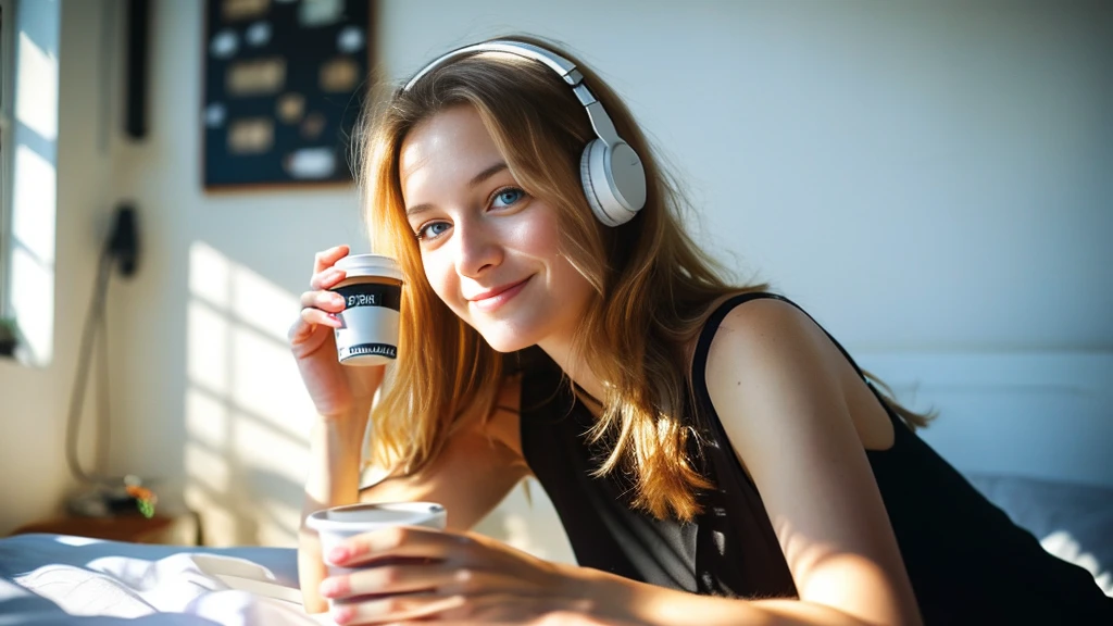 Beautiful blonde in a black dress (Sitting in bed with the morning sun shining in, holding a cup of coffee),Wearing headphones,Very detailed, 21 years old, Innocent face, Naturally Wavy Hair, blue eyes, High resolution, masterpiece, highest quality, Intricate details, Very detailed, Clear focus, Delicate skin, practical skin texture, texture, Delicate eyes, Professional, 4K, Cute Smile, Shot with Canon, 85mm, Shallow and deep, Kodak Vision Color, Exactly, Very detailed, photograph_\(Extremist\), photographpractical, practical, Post-processing, Maximum details, Roughness, Real Life, Extremist practical, Photorealism, photographgraphy, 8K Ultra HD, photographgraphy