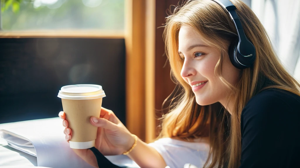 Beautiful blonde in a black dress (Sitting in bed with the morning sun shining in, holding a cup of coffee),Wearing headphones,Very detailed, 21 years old, Innocent face, Naturally Wavy Hair, blue eyes, High resolution, masterpiece, highest quality, Intricate details, Very detailed, Clear focus, Delicate skin, practical skin texture, texture, Delicate eyes, Professional, 4K, Cute Smile, Shot with Canon, 85mm, Shallow and deep, Kodak Vision Color, Exactly, Very detailed, photograph_\(Extremist\), photographpractical, practical, Post-processing, Maximum details, Roughness, Real Life, Extremist practical, Photorealism, photographgraphy, 8K Ultra HD, photographgraphy