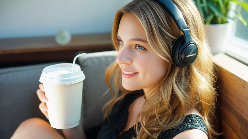 Beautiful blonde in a black dress (Sitting in bed with the morning sun shining in, holding a cup of coffee),Wearing headphones,Very detailed, 21 years old, Innocent face, Naturally Wavy Hair, blue eyes, High resolution, masterpiece, highest quality, Intricate details, Very detailed, Clear focus, Delicate skin, practical skin texture, texture, Delicate eyes, Professional, 4K, Cute Smile, Shot with Canon, 85mm, Shallow and deep,  Kodak Vision Color, Exactly, Very detailed, photograph_\(Extremist\), photographpractical, practical, Post-processing, Maximum details, Roughness, Real Life, Extremist practical, Photorealism, photographgraphy, 8K Ultra HD, photographgraphy