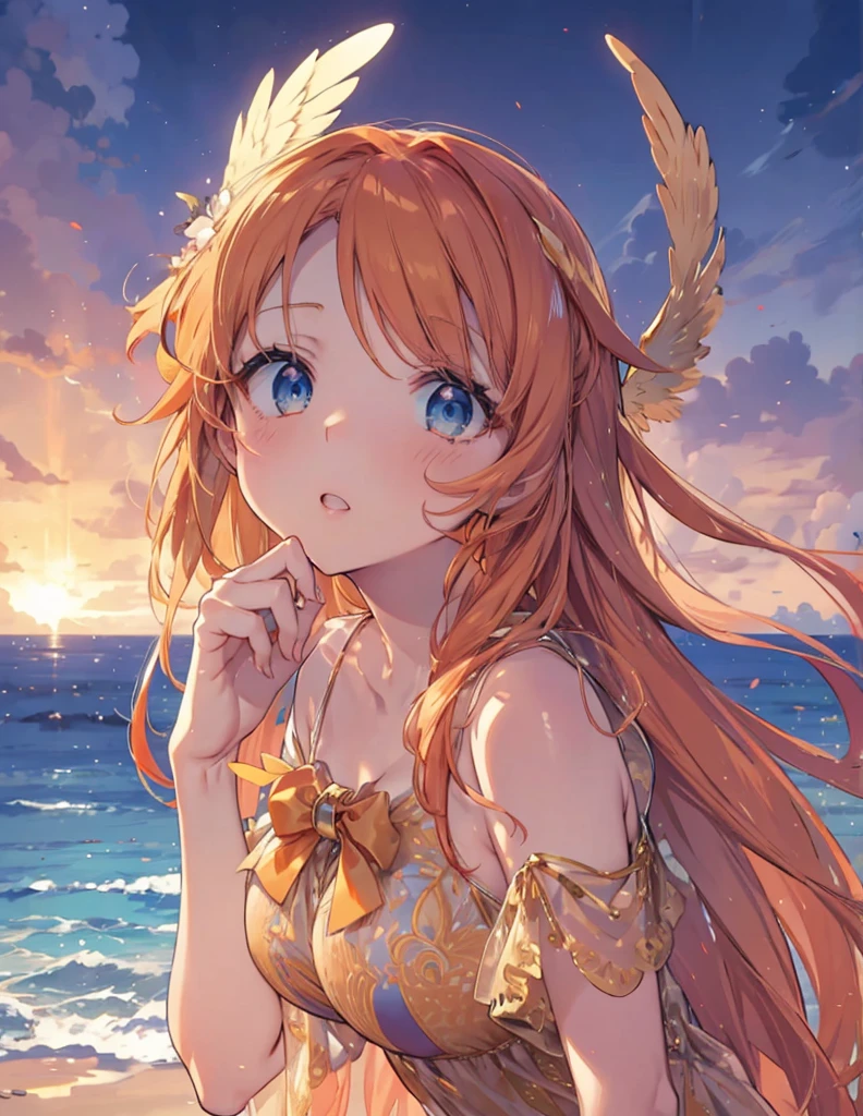 Golden-winged angel wearing a negligee　Big Breasts　Orange Hair　Blue Eyes　white sea　Anime Style　Shocked face

