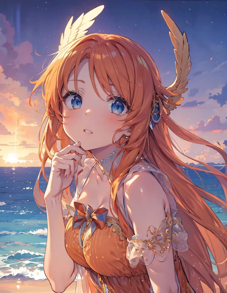 Golden-winged angel wearing a negligee Big Breasts Orange Hair Blue Eyes white sea Anime Style Shocked face