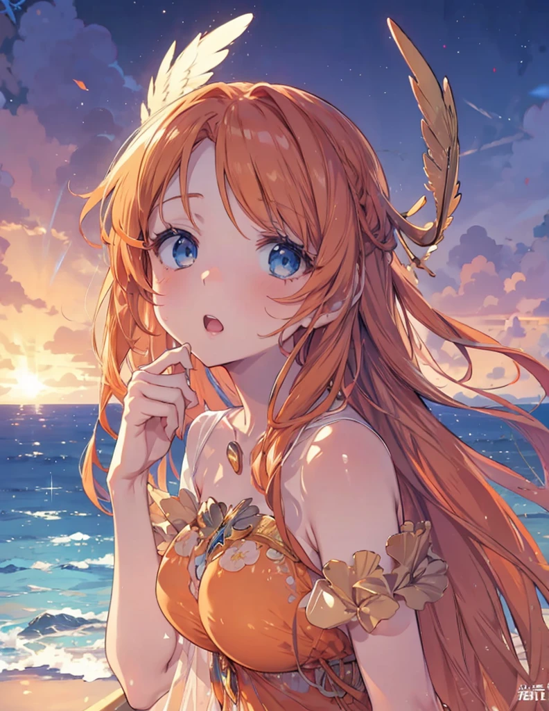Golden-winged angel wearing a negligee　Big Breasts　Orange Hair　Blue Eyes　white sea　Anime Style　Shocked face

