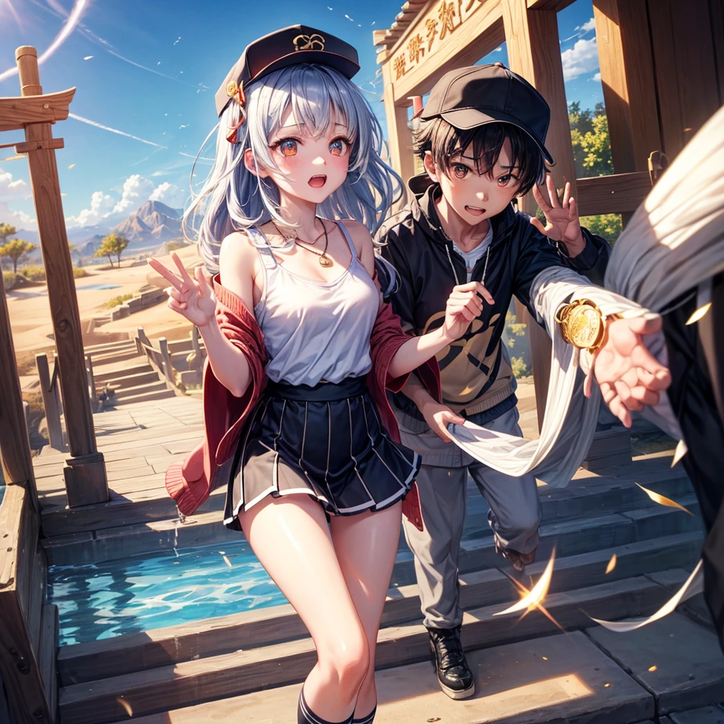 Red Blue Gold Hair、Golden Eyes、Braid、One good looking girl、solo、anime、Checkered mini skirt、Ruffles on the skirt、camisole、cardigan、Black knee-high socks、Wearing a baseball cap、Wearing a ribbon、Ribbon on waist、Tilting face、Teeth are visible、Sunset sky、Piercing the clouds、Contrail、Cumulonimbus、Pillar of Light、Silver coin necklace、A world of light、shine、From above、bell、torii、Desert Oasis、water is gushing out、Sparks are flying、Steps、High five