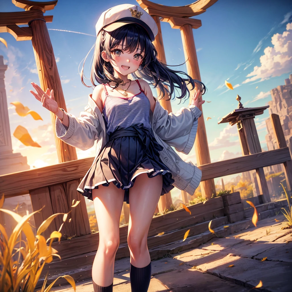 Red Blue Gold Hair、Golden Eyes、Braid、One good looking girl、solo、anime、Checkered mini skirt、Ruffles on the skirt、camisole、cardigan、Black knee-high socks、Wearing a baseball cap、Wearing a ribbon、Ribbon on waist、Tilting face、Teeth are visible、Sunset sky、Piercing the clouds、Contrail、Cumulonimbus、Pillar of Light、Silver coin necklace、A world of light、shine、From above、bell、torii、Desert Oasis、water is gushing out、Sparks are flying、Steps、High five