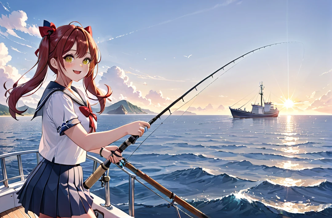 porn anime on a boat fishing off a boat as the sun sets on a calm day, 1girl, solo, teenage, 17 years old,
midium hair, brown hair, twintails, swept bangs, straight hair,
yellow eyes, round eyes, sparkle eyes, expecting, Intricate Iris Details, low eyebrows, Meticulous Eyelash Details,
open mouth, smile,
two side up,
slender, thick thighs, plump legs, plump butt,
having fishing rod, fishing,
blue sky, sunny, on Fishing vessel, ship, summer, backlighting, very beautiful ocean landscape, extremely detailed,
looking to the side,
red hair bow, red hair ribbon, collared shirt, white shirt, red bowtie, center frills, sailor dress, fishing rod,
navy blue pleated skirt,
no pants, brown loafers, white socks,
(masterpiece:1.2), (best quality:1.2), (very aesthetic:1.2), (absurdres:1.2), (detailed background)