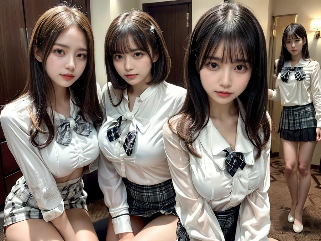masterpiece、Ultra High Quality、Perfect Anatomy、hight resolution、2 girls in、(Face each other and press chest to chest:1.8)、Shoot from above、(((short-hair)、Beautiful black hair))、(Beautiful eyes、A detailed eye、drooing eyes、Natural eyeedium tits:1.8)、((Beautiful legs、((Closed legs))、(Hands between the legs)、(Chest between arms)))、((School uniform、(Tight white blouse shirt:1.4)、(Plaid miniskirt)、(bowtie)))、high school girl、The background is a luxury hotel room))