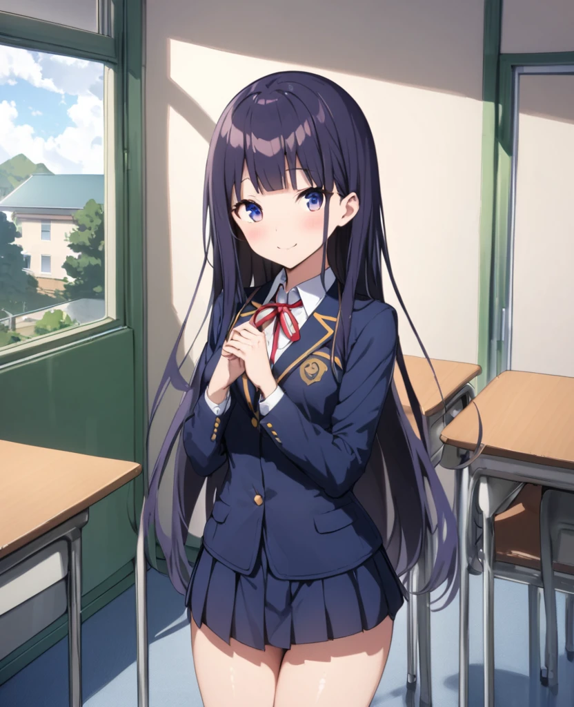 (((masterpiece, highest quality:1.5,absurdres))),18 year old beauty,solo,((very small head)),long hair,bangs,dark blue hair,dark blue eyes,blush,smile,medium breasts,((very long body)),((toned body:1.2,slender body)),skinny,gleaming skin,shiny skin,((School uniform、Blazer jacket、Pleated mini skirt)),classroom、School building、
