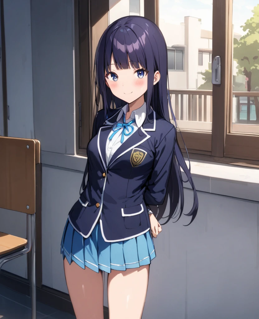 (((masterpiece, highest quality:1.5,absurdres))),18 year old beauty,solo,((very small head)),long hair,bangs,dark blue hair,dark blue eyes,blush,smile,medium breasts,((very long body)),((toned body:1.2,slender body)),skinny,gleaming skin,shiny skin,((School uniform、Blazer jacket、Pleated mini skirt)),classroom、School building、
