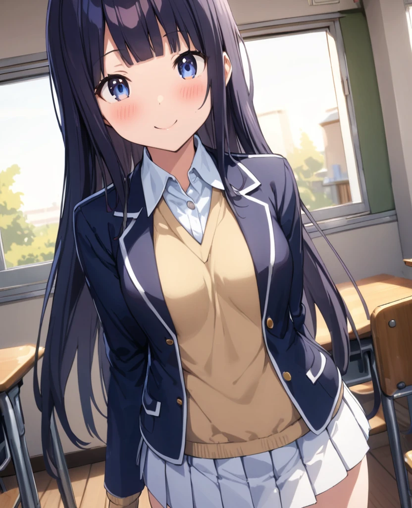 (((masterpiece, highest quality:1.5,absurdres))),18 year old beauty,solo,((very small head)),long hair,bangs,dark blue hair,dark blue eyes,blush,smile,medium breasts,((very long body)),((toned body:1.2,slender body)),skinny,gleaming skin,shiny skin,((School uniform、Blazer jacket、Pleated mini skirt)),classroom、School building、