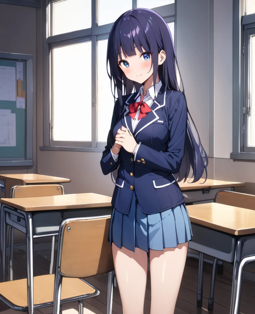 (((masterpiece, highest quality:1.5,absurdres))),18 year old beauty,solo,((very small head)),long hair,bangs,dark blue hair,dark blue eyes,blush,smile,medium breasts,((very long body)),((toned body:1.2,slender body)),skinny,gleaming skin,shiny skin,((School uniform、Blazer jacket、Pleated mini skirt)),classroom、School building、