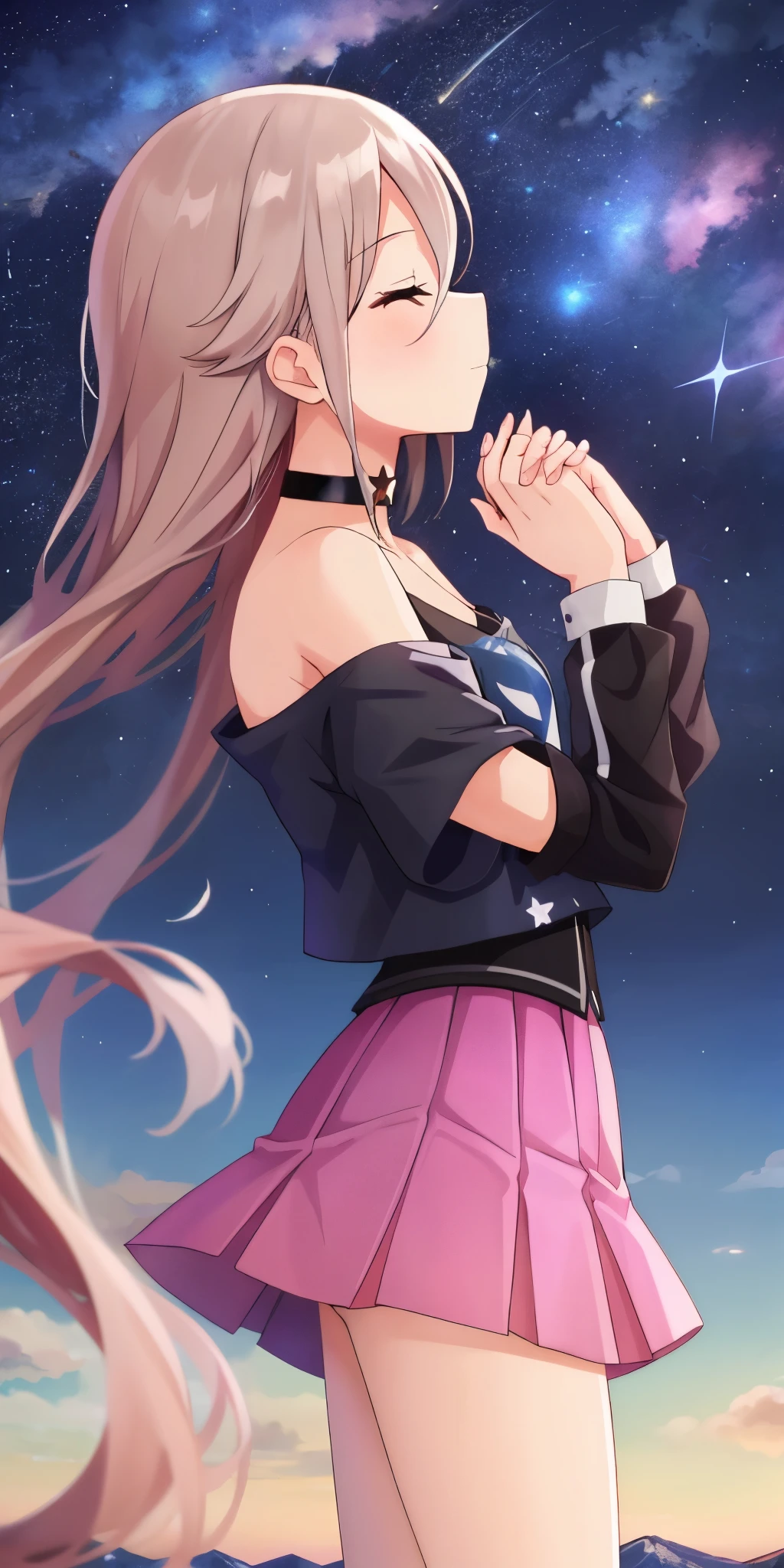 one girl, IA, Aria on the Planetes, off shoulder, black shirt, short skirt, choker, from side, starry sky, look at the sky, pray for stars, close eyes, praying hands, long hair