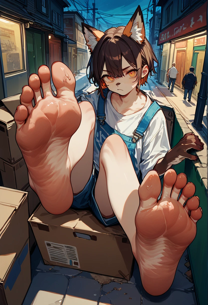 score_9,score_8_up,score_7_up,score_6_up,score_5_up,source_anime,source_furry, hadrian,from above,fisheye, sitting and show foot, sitting and show sole,sitting on one leg, sitting on cardboard box, foot focus,sole,barefoot,no shoes,  furry male, fox boy,paw_sloe,sharp_toenails, pawpads, shorts, (stinky feet:1.3), alleyway, dead end, Street art, vibrant, urban, detailed, tag, mural, grafitti, public, night, (pov, hand holding foot, brown furred hand)