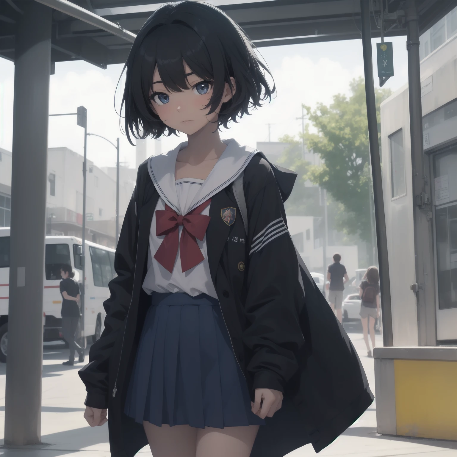 ultra-absurdres-Top quality by artist God, ultra-detailed, high resolution, anime moe artstyle, best anime 8k konachan wallpaper, pixiv contest winner, pool:2810, perfect ???????,break, 1girl, (Please draw a girl walking sleepily to school alone. )break,(Solo,little female, 13-year-old:1.3),Full limbs, complete fingers,a junior high school student, (very short hair), short cut, flat chest, , small butt, small black eyes, beautiful detailed eyes, well-proportioned iris and pupils, expressive eyes, highres detailed hair, soft expression, salor school_uniform, sailor collar, serahuku, bow, pleated skirt,(Detailed Lighting), (Detailed background), in the School commute route. break,super detailed skin, Best cinematic lighting powered by famous artist, 8k,beauty illustration,photoshop_(medium),very aesthetic,break,((artist:neocoill )), artist:clamp ,artist:carnelian ,artist:kantoku ,
