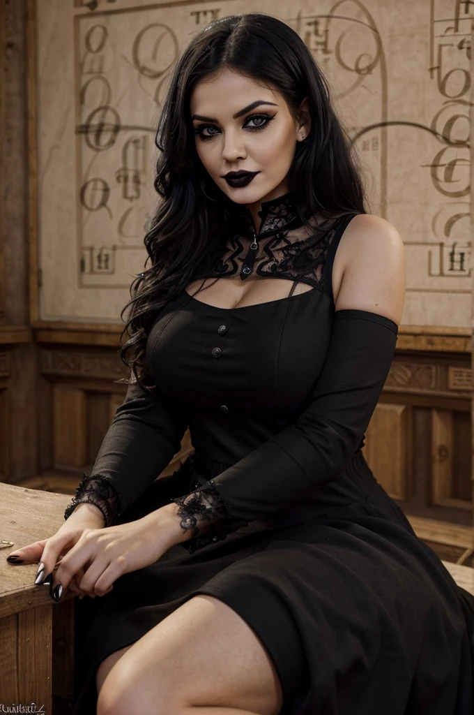 photorealistic, best quality, (hyper detailed: 1.4), smile, (((sitting on the history quiz:1.5))), long distance shot, ((goth:1.4)), goth makeup, plus size body, brown eyes, Detailed eyes, ((wearing black dress:1.5)), beautiful goth young woman, (Highly detailed face:1.4), smile, exuding a natural glow, soft lightning, evening time, quiz view, jaw-dropping beauty, sexy, seductive, vivid colors
