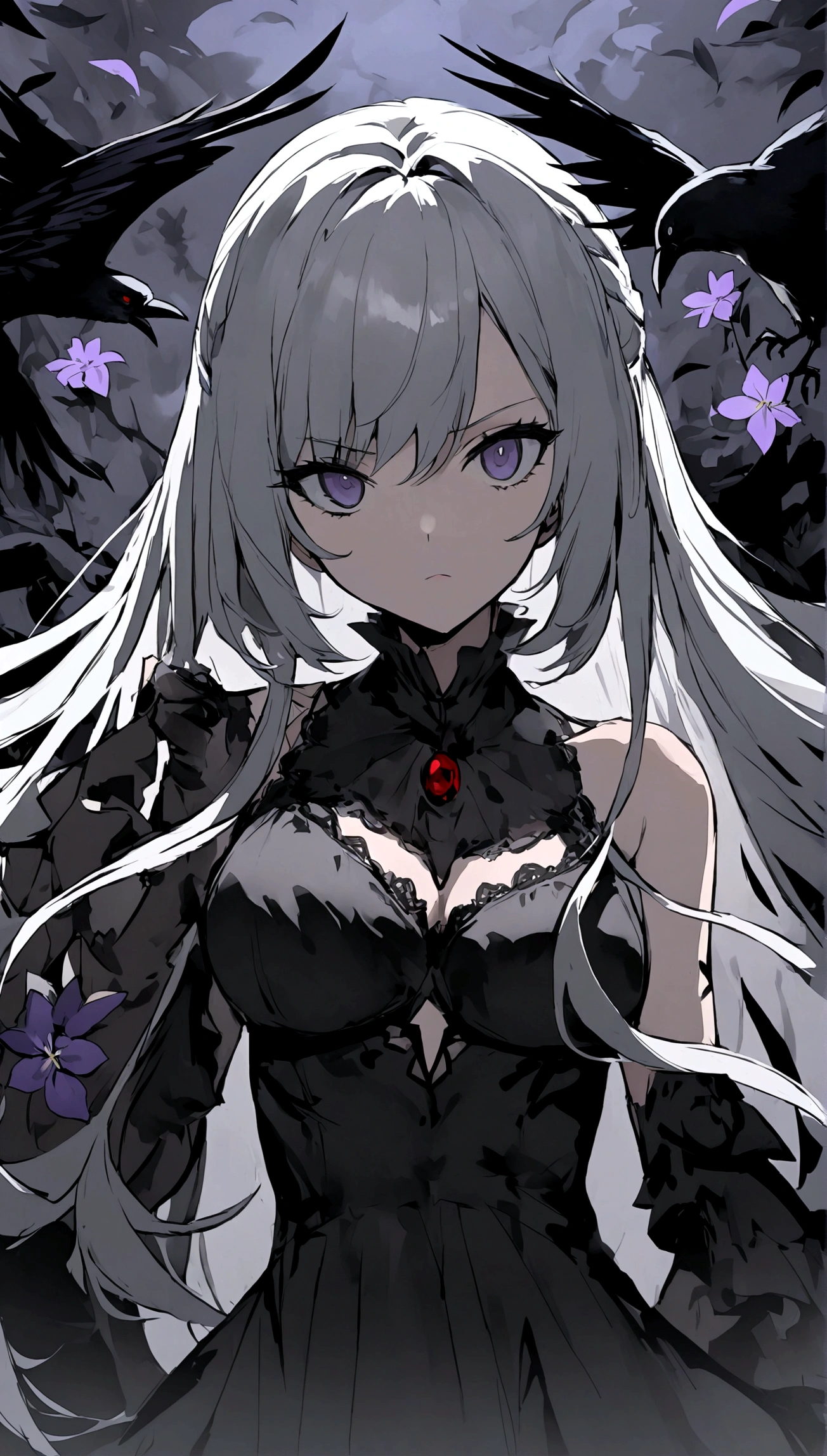 A beautiful anime-style girl with long hair and a purple flower、A contrast living in the dark graveyard(B99、W55、H68)A beautiful girl with a certain body、A beautiful immoral girl in a provocative black and grey dress、Crow、Undead、chaos、mystery。