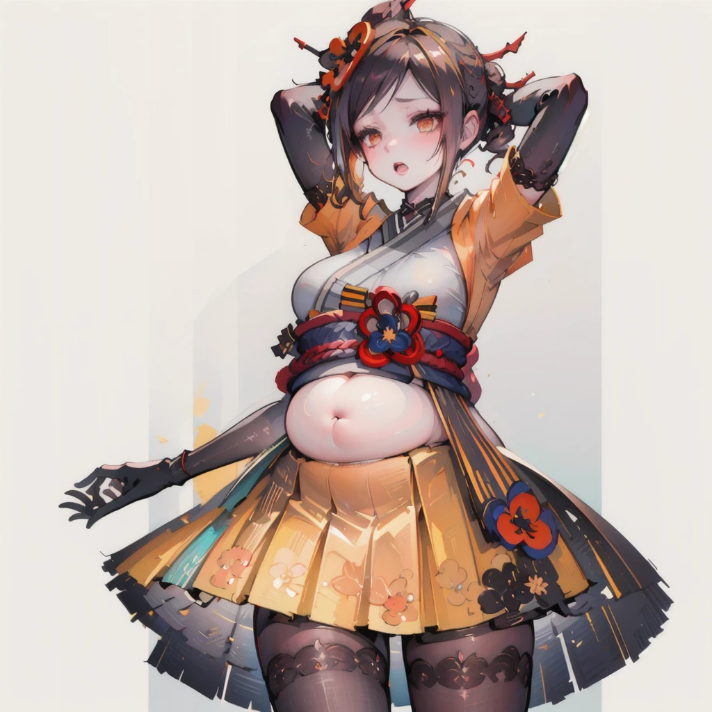 ((masterpiece,best quality)), 1girl, chiori, lace pantyhose, forearm gloves, cowboy shot, simple background, chubby, large belly, (big belly:1.4), round belly, shocked, open mouth, her belly swelling, (hands behind head:1.4), (solo:1.5), swollen belly, midriff, navel