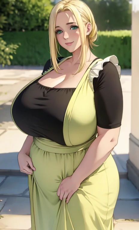 standing, solo, 1girl, mature female, short girl, blonde yellow hair, long dress, long skirt, white apron, green eyes, fat girl, fat body, beautiful face, cute face, fat hands, large breasts, short girl, thigh legs, areola slip, cleavage, leaning forward, huge breasts, curvy, fat, arms down, looking at viewer, blush, parted lips, light smile, long black hair, blonde colour hair,
