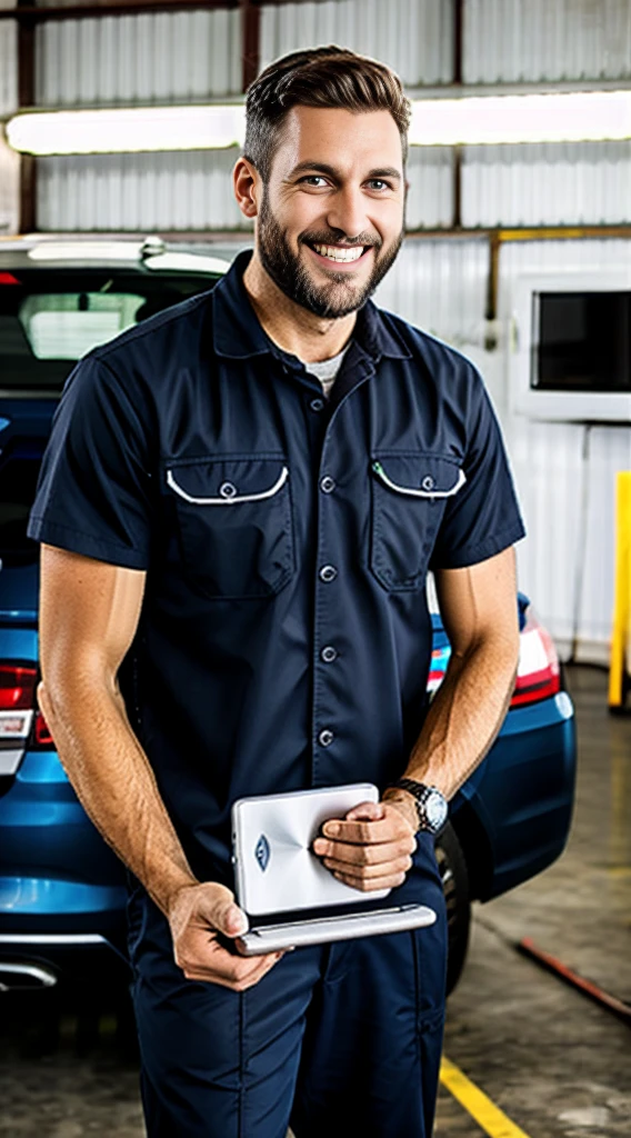 mechanic man, with beard in a workshop, next to a car, using a tablet
