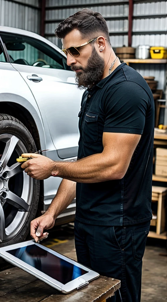 mechanic man, with beard in a workshop, next to a car, using a tablet