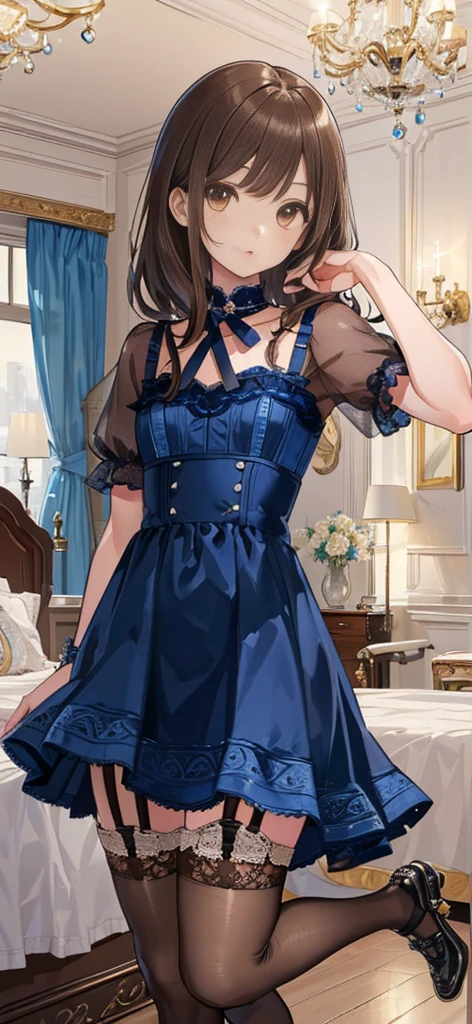 ((masterpiece)), ((best quality)), ((ultra detailed)), ((kawaii)), cute, (lovely), ((extremely detailed)), ((8K)), (beautiful), full body, luxury room, a cute girl, 1girl, solo, blue mini camisole dress,beautiful light brown hair, ((detailed beautiful brown eyes)), white-skinned, flat breast, tiny breast, garter belt,(garter stockings:1.4),full body