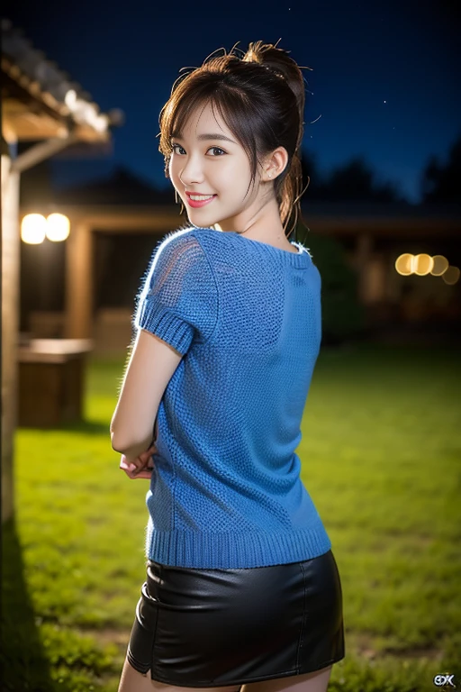 a gorgeous lady, age 22, sky-blue Knit Dress and black miniskirt, under night sky, natural pose, dimpled smile, short ponytail, cute snaggleteeth, well-endowed round bosom, photorealistic, beautiful detailed eyes, hyper-realism, high contrast, ultra HD, realistic skin textures, top image quality, top-quality, super high resolution, fine details, very meticulously, bokeh background, beautiful back