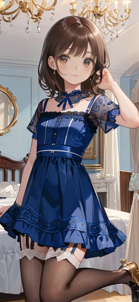 ((masterpiece)), ((best quality)), ((ultra detailed)), ((kawaii)), cute, (lovely), ((extremely detailed)), ((8K)), (beautiful), full body, luxury room, a cute girl, 1girl, solo, blue mini camisole dress,beautiful light brown hair, ((detailed beautiful brown eyes)), white-skinned, flat breast, tiny breast, garter belt,(garter stockings:1.4),full body