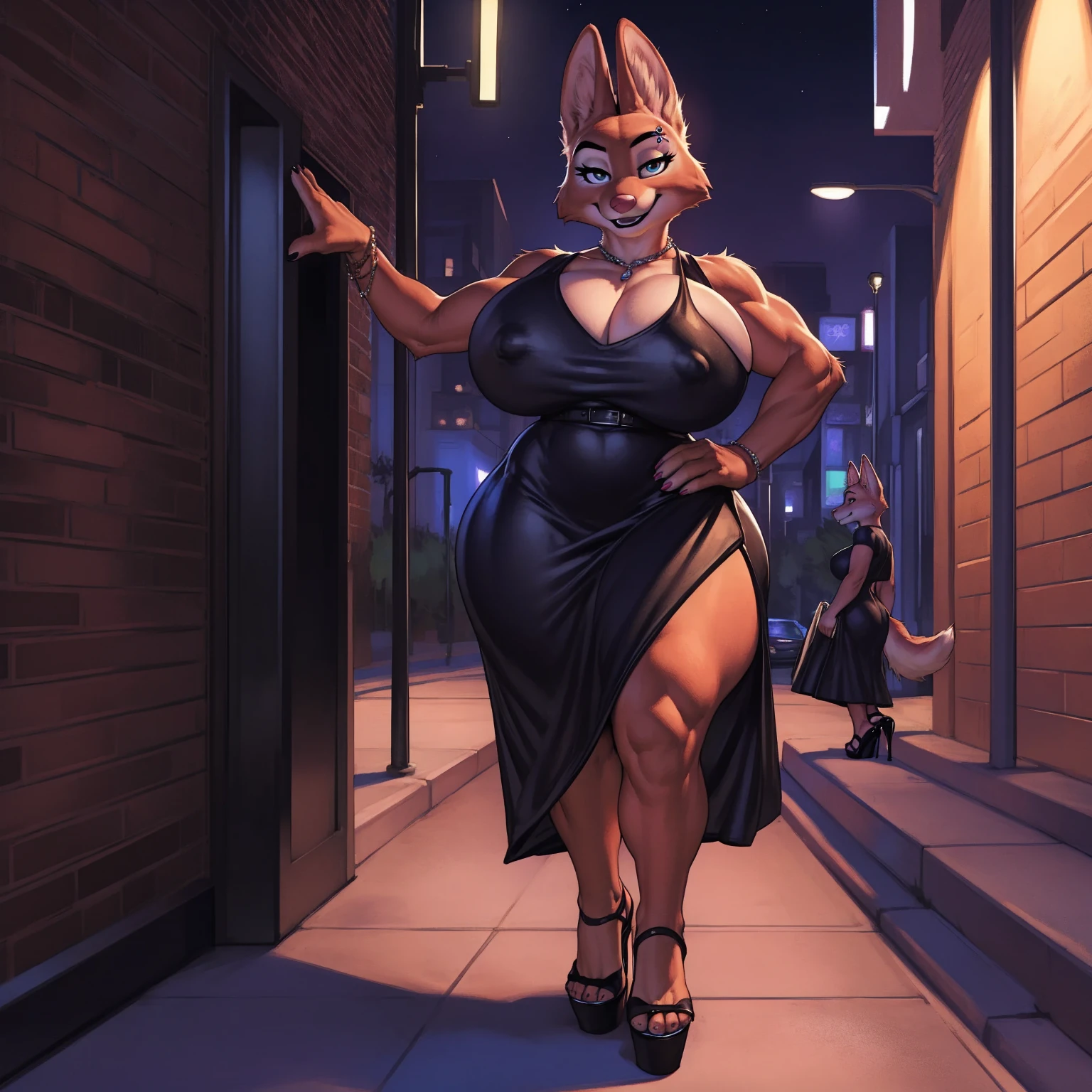 Diane Foxington, (huge breasts:1.2), (hyper hips), curvy, voluptuous, hourglass figure, long black dress with open thighs, (black dress:1.6), (nipple outline:1.1), (wide hips:1), eyebrow piercing, (muscular legs:1.2), (open-toed stiletto heels:1.4), (street corner:1.4), late night, street light, standing upright, seductive smile, very tall, sharp detail, crisp detail, looking at viewer, by darkgem, by meesh,
