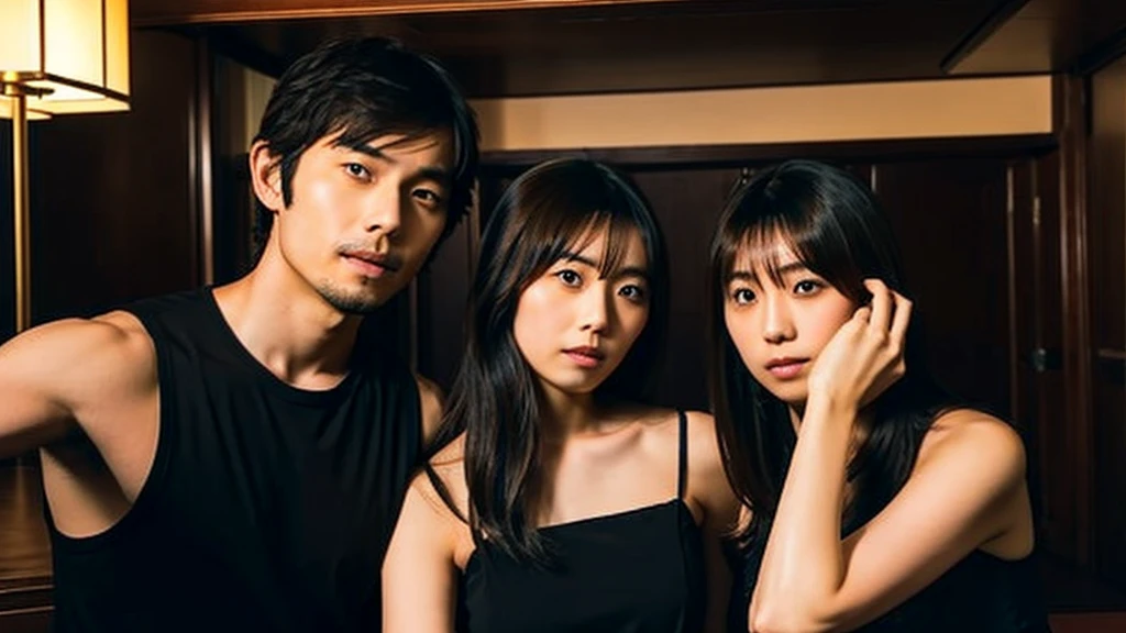 Kikuchi takes a selfie of herself and a Japanese man with long bangs, A luxury hotel room, Dark Room, Room lighting