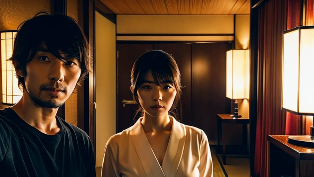 Kikuchi takes a selfie of herself and a Japanese man with long bangs, A luxury hotel room, Dark Room, Room lighting