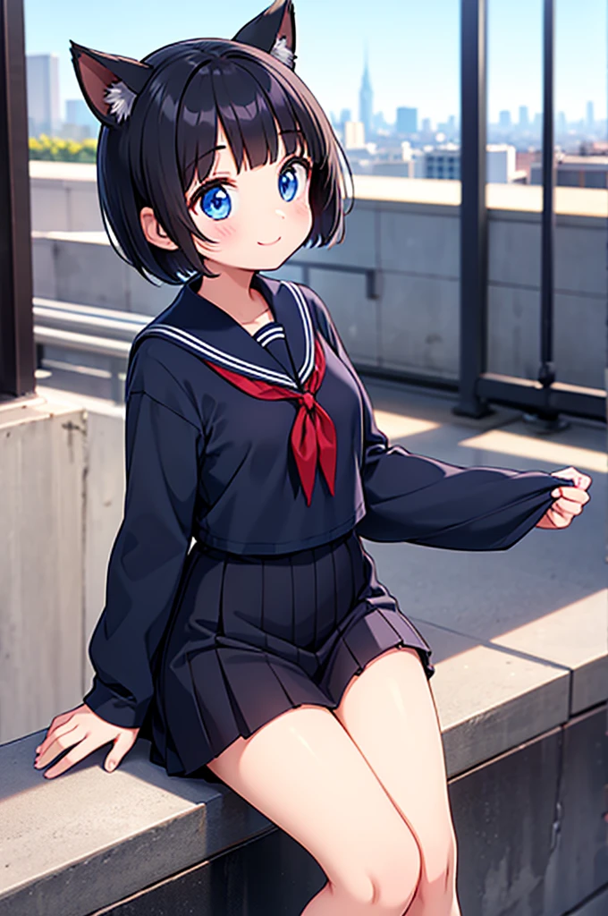 Short black hair Adult female Dog Ears Dark blue colored eyes A student wearing a navy blue sailor uniform with a red ribbon In the city smile