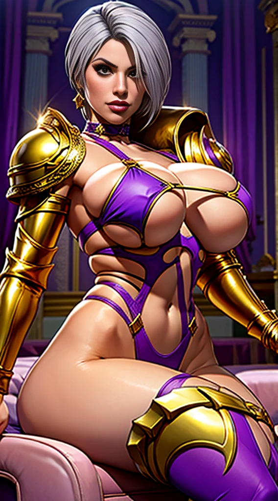 A woman in a purple bikini and a gold helmet posing lindo, gray hair, (obra-prima: 1.2), (melhor qualidade: 1.2), , perfect lighting, neste, corpo suado, seios grandes, mulher, 8k, perfect hands,((obra-prima)), (melhor qualidade) textura, ivy, throne room in the background, 8K image quality, Masterpiece