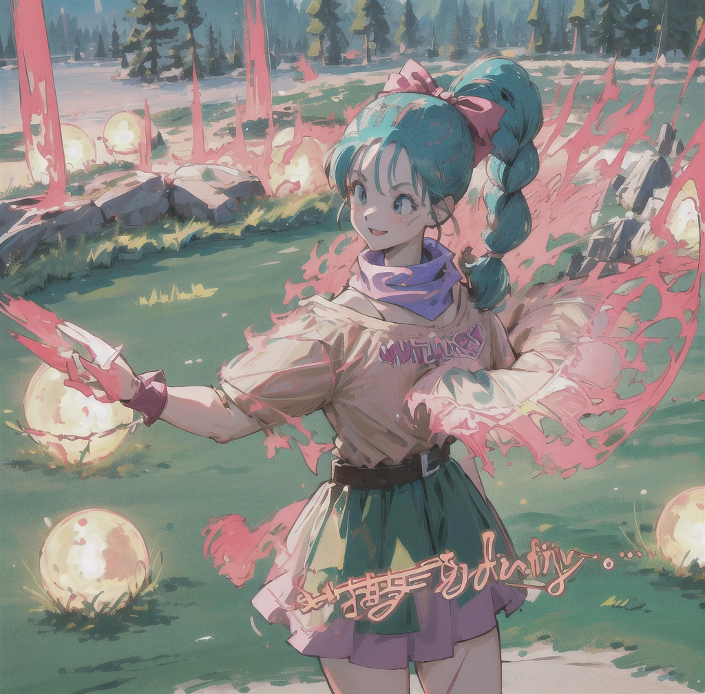 1girl,masterpiece, best quality, highres, dragon ball, blmpony, aqua hair, hair ribbon, braided ponytail, pink shirt, belt, scarf, pink skirt, clothes writing, brown gloves, medium breasts, outdoors, cowboy shot, waving, smile