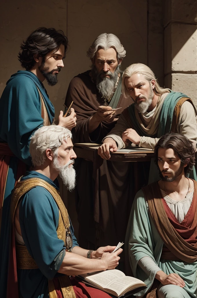 Epictetus sitting with Marcus Aurelius and Seneca looking at them in realistic colors
