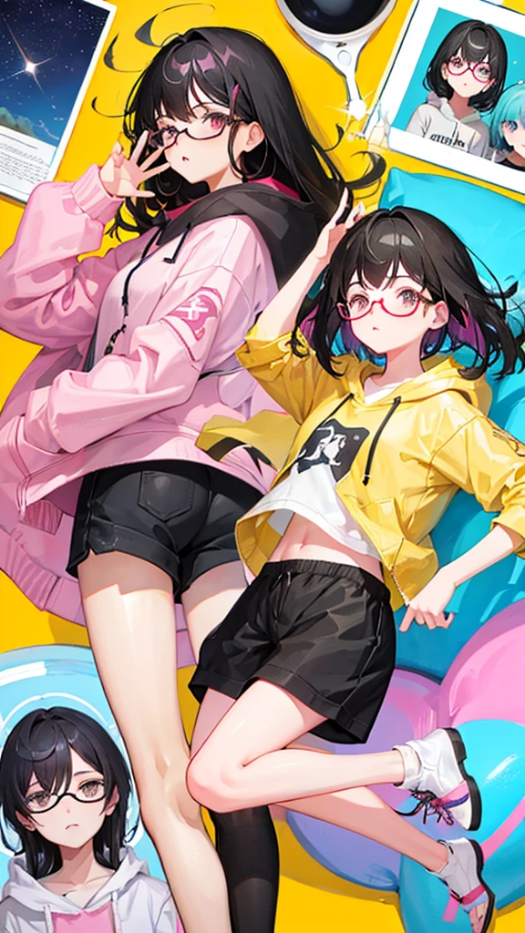 Black Hair Straight Hair Long Hair Pink Eyes Glasses Starry Sky One girl hoodie Shorts