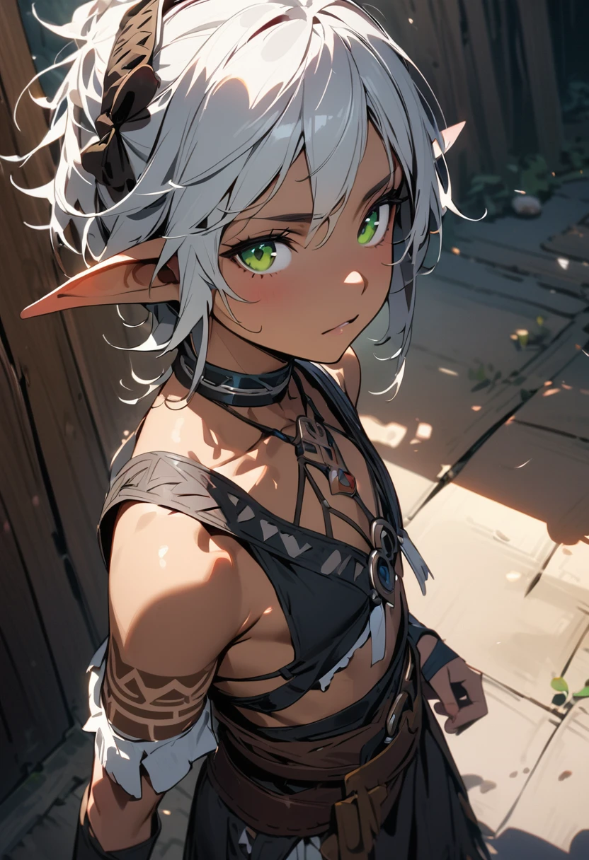 1boy, trap, wood elf, short white hair, green eyes, dark skin, white tribal tattoos, flat chest, thong, extremely girly boy, tribal bow, fantasy background, textured skin, UHD, UHD, UHD, UHD, award winning, high details, incredible high-key lighting and shadows, masterpiece, incredible illustration