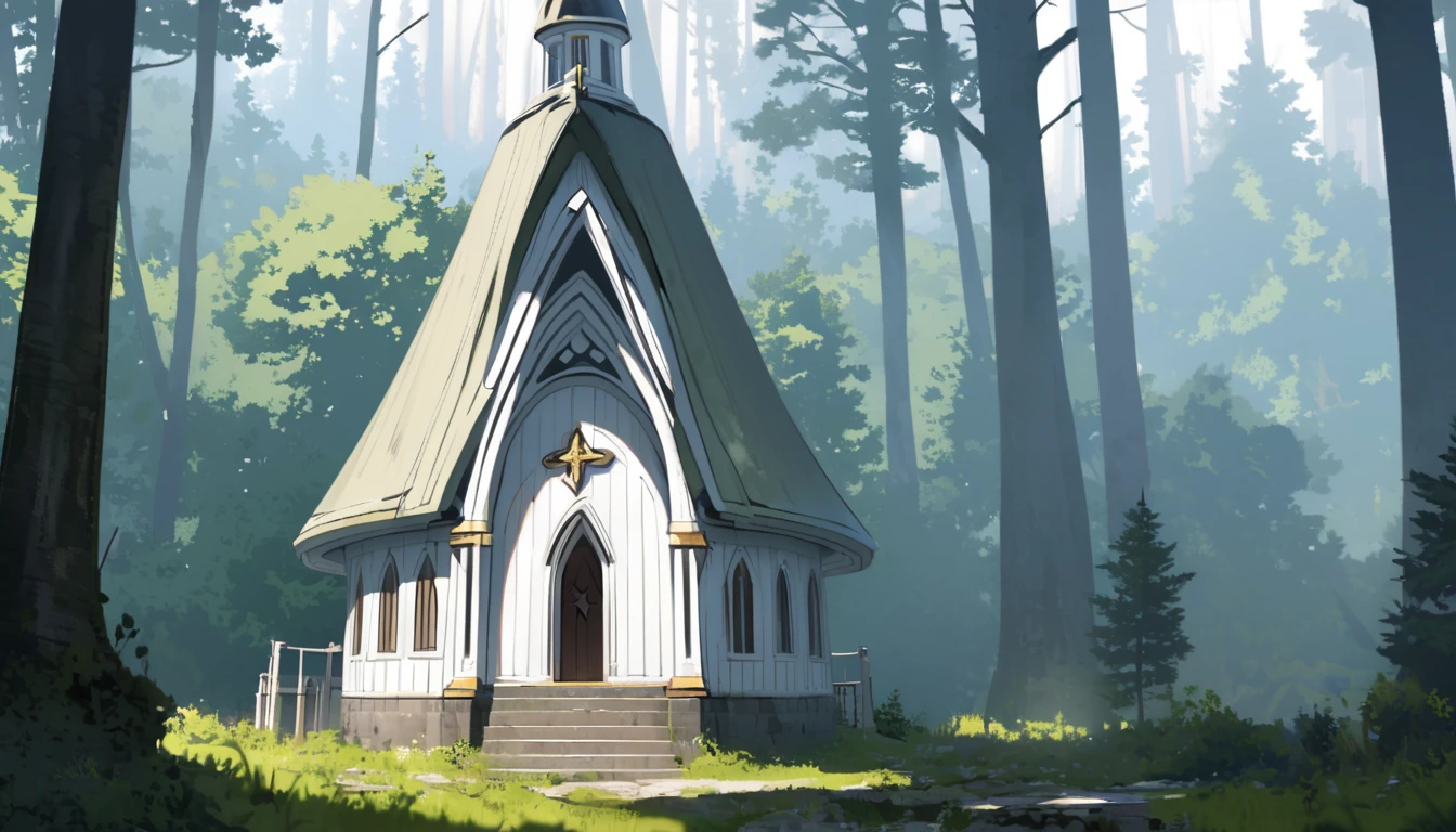 more basic white wooden church inside the forest